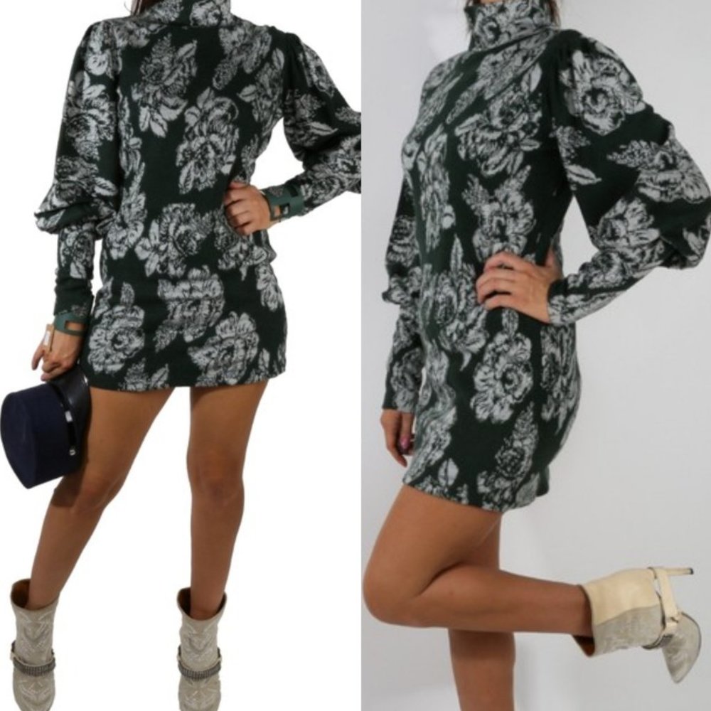 FREE PEOPLE Dress Long Sleeve Mini Sweater Wool Mock Neck Floral Boho Green XS - Picture 8 of 10